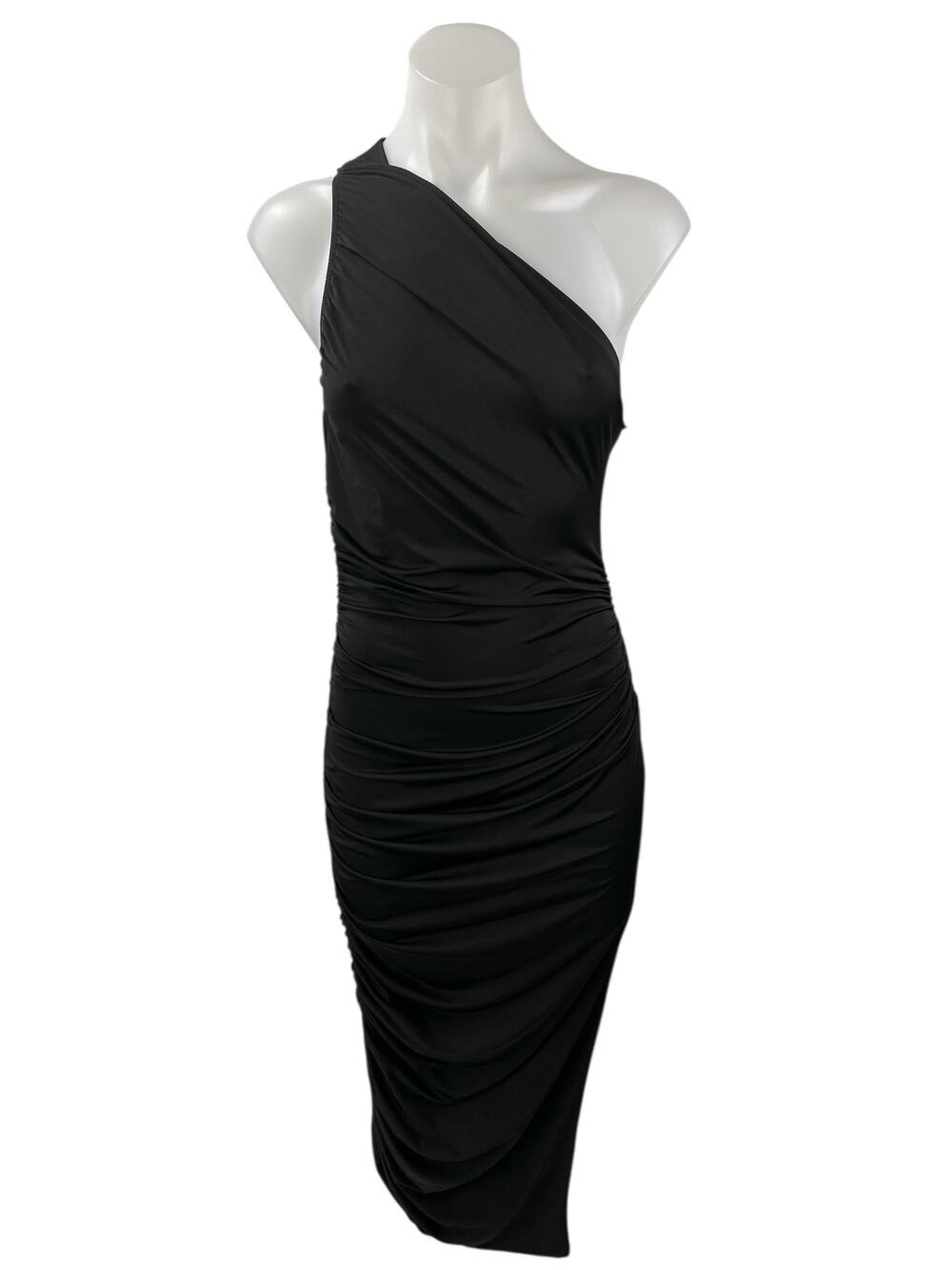 NEW Sincerely Jules Black Sleeveless One Shoulder Ruched Midi Bodycon Dress Sz M